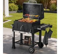 Gril à charbon XL, chariot de barbecue. Grill réglable sur pied avec couvercle. Barbecue carré en fer pour l'extérieur : jardin, camping, terrasse. Comprend une grille et un thermomètre. Grill à charb