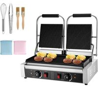 Gril de contact commercial 3600W - Appareil à sandwich électrique avec plaques de cuisson doubles - Presse à panini en acier inoxydable - Réglage de la température, plaque émaillée rainurée 48 x 23 cm