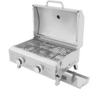 Gril gaz Gastro, gril gaz, appareil à saucisses, grill de table, grill de table gaz avec 2 brûleurs – 55x45cm, grill en acier inoxydable, pliable et portable, inclut une pierre à pizza et un régulateu