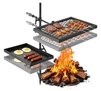 Gril rotatif pour feu de bois - Gril pivotant avec grille et plaque de cuisson - Rotation à 360° - Hauteur réglable - Acier au carbone - Livré avec un support pour camping et jardin