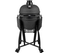 GRILL GURU, barbecue kamado de couleur noire mat, modèle Medium, fonctionnant au charbon de bois, avec un diamètre de 41 cm, 2 niveaux de grilles, un corps en céramique, un thermomètre et 4 roulettes
