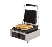 Grill panini électrique professionnel - Inox 1800W - Plaques fonte rainurées - Thermostat 0-300°C - Bac récupération 350x30mm