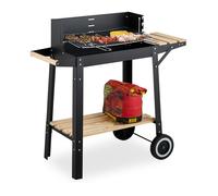Grill Relaxdays avec roues, 2 étagères, grille ajustable, pare-vent, chariot H x L x P : 80,5 x 86 x 42 cm, noir