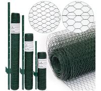 Grillage à mailles hexagonales + Poteaux | Rouleau de 20m | Hauteur 0,5m | Maillage 13x13mm | Incl 16 Poteaux 80cm de haut |