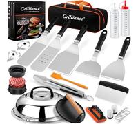 Grilliance 27PCS Spatule Plancha Accessoires pour Hommes, Teppanyaki Grill Set d'ustensiles de Barbecue INOX, Hibachi Smasher Burger Kit Cadeau avec Presse à Hamburger, Cloche Cuisson pour Blackstone