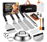 grilljoy 28PCS Ustensiles Plancha INOX, Kit Smash Burger avec Smash Burger Press, Set Spatule, Cloche Cuisson, Cadeau Homme Papa, Set Accessoires pour Barbecue à Gaz avec Plancha, Teppanyaki, Camping