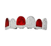 Grillz Mixt Miroir Diamant Complet Rouge Noël, Micro Serti 18K Plaqué Or et Argent, Bijou Hip-Hop Unisex Cadeau Décoration pour Homme et Femme(Silver,Upper teeth)