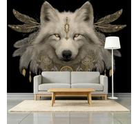 Gris Argenté Papier Peint Panoramique Intissé 200L x 140H cm, Animal Loup Attrape-Rêves Plume Fresque Murale Design pour Chambre et Bureau Salle de Jeu - Noir Papier Peint Panoramique Facile à Poser