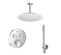 Grohe - Adema Rise Ensemble de douche à effet pluie encastré - 2 fonctions - avec pomme de douche Adema Rise 30 cm - douchette sur barre - bras de plafond - thermostat encastré Grohe Grohtherm - chrom