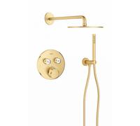 Grohe - Adema Rise Ensemble de douche pluie - rond - coude mural avec support de douchette - flexible de douche lisse - douchette à main - bras mural - douchette principale 25 cm - thermostat encastré