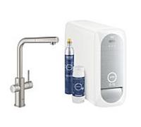 Grohe Blue Home mitigeur de cuisine 31539DC0 Supersteel, kit de démarrage bec en L, bec mousseur coulissant