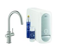 Grohe Blue Home Mitigeur monocommandé pour évier Starter Kit, portée 219mm, bec en C, avec fonction filtre et refroidissement, extractible, 31541DC0, Couleur: acier super
