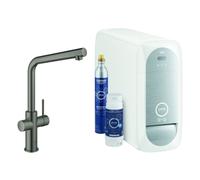 Grohe Blue Home Mitigeur monocommandé pour évier Starter Kit, portée 221mm, bec en L, avec fonction filtre et refroidissement, 31454AL1, Couleur: graphite dur brossé