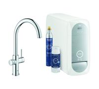 Grohe Blue Home Mitigeur monocommandé pour évier Starter Kit, portée 224mm, bec en C, avec fonction filtre et refroidissement, 31455001, Couleur: chrome