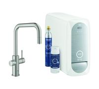 Grohe Blue Home Mitigeur monocommandé pour évier Starter Kit, portée 224mm, bec en U, avec fonction filtre et refroidissement, extractible, 31543DC0, Couleur: acier super