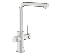 GROHE Blue Pure Minta, Robinet de cuisine filtrant 3 voies avec douchette extractible (Zone de rotation 360°, poignée dédiée pour l’eau filtrée), SuperSteel, 30590DC0