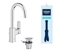 GROHE Dice Mitigeur de Lavabo de Salle de bains, Taille L (Bec en C Orientable 90°, Tirette, Eau froide au centre, Économie d’Énergie et d’Eau, QuickTool Inclus), Chrome, 1018710000