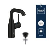 GROHE Essence Mitigeur de Lavabo Corps Lisse avec Bonde Push-Open, Taille M (Levier Métal, Cartouche Céramique 28 mm, Économie d’Eau, Bec Orientable, Flexibles 3/8") Noir Mat, 237982431