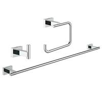 GROHE Essentials Cube, set salle de bain 3en1 sans perçage, porte-savon | Set distributeur de savon, porte-serviette et tablette - montage adhésif sans perçage (chrome, 40777001)