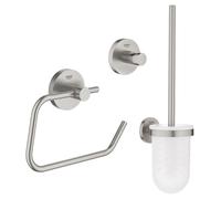 GROHE Essentials Ensemble d"accessoires pour toilettes 3 pièces avec porte-balai de toilettes, patère et porte-rouleau de papier toilette sans couvercle supersteel sw97640/sw97648/sw97650/