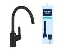 GROHE Get, mitigeur de cuisine, orientable à 150°, bec haut, haute pression | Robinet pour la cuisine, limiteur de débit, montage sur évier sans outil (noir mat, 314942431)