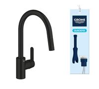 GROHE Get, mitigeur évier, douchette extractible, 2 jets, haute pression | Bec haut, orientable à 360°, robinet de cuisine, fixation rapide par le dessus (noir mat, 314842431)
