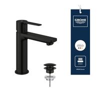 GROHE Lineare Mitigeur de Lavabo Corps Lisse avec Bonde Push-Open (Bec Haut, Levier Métal, Cartouche Céramique 28 mm, Technologie Économie d’Eau, Flexibles 3/8", Hauteur 18 cm), Noir Mat, 231062431