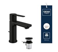 GROHE Lineare Mitigeur de Lavabo Monocommande avec Tirette (Montage sur Plage, Taille XS 155 mm, Cartouche Céramique 28 mm, Flexibles 3/8"), Noir Mat, 321092431