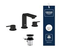 GROHE Lineare Mitigeur de Lavabo Taille M, 3 Trous avec Bonde à Tirette (Montage sur Plage, Mélangeur à Deux Poignées, Économie d’Eau), Noir Mat, 203042431