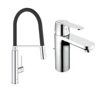 GROHE Mitigeur Evier Concetto 31491000 (Import Allemagne), Chromé & Robinet de salle de bains lavabo Get, mitigeur avec tirette de vidage, bonde incluse, robinet mousseur économique d'eau