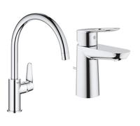 GROHE Mitigeur monocommande évier de cuisine Start Curve, chromé, 31554001 (Import Allemagne) & Mitigeur Lavabo Bauloop 23335000 (Import Allemagne), Chromé, S