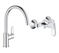 GROHE Mitigeur monocommande évier de cuisine Start Curve, chromé, 31554001 (Import Allemagne) & Mitigeur monocommande Douche BauLoop 23340000