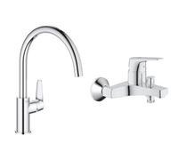 GROHE Mitigeur monocommande évier de cuisine Start Curve, chromé, 31554001 (Import Allemagne) & Mitigeur monocommande Bain Douche Start Flow, robinet à montage mural, raccord fileté