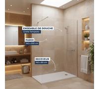 Grohe - Pack Douche Complet - Paroi Walk-In 140x200 Chrome + Colonne Grohe Tempesta 3 Jets + Receveur Marbre Coulé Blanc 140x80