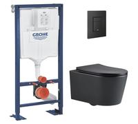 Grohe - Pack WC Bâti Solido + WC sans bride SAT Noir mat + Abattant frein de chute + Plaque noir mat (AUTOPORTANT-BLACKSAT-KF0)