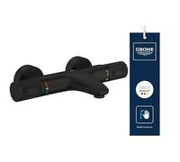GROHE Precision Feel - Mitigeur de bain Thermostatique CoolTouch, Montage Mural Apparent (Inverseur Bain/Douche, Poignée Moletée, Bouton de Sécurité à 38°C, EcoButton), Noir Mat, 347882430