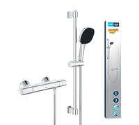 GROHE Precision Trend Mitigeur Thermostatique Douche, Ensemble de Douche 3 jets avec barre 60cm, Economie d'Eau, Flexible 1,75m, A coller avec GROHE QuickGlue ou à visser, Chromé, 34237003