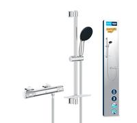 GROHE QuickFix Precision Feel Mitigeur thermostatique Douche, Ensemble Douche avec barre 60cm, Douchette 3 jets et Tablette, A coller ou à visser, Economie d'eau, Chromé, 34791001