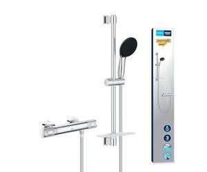 GROHE QuickFix Precision Feel Mitigeur thermostatique Douche, Ensemble Douche avec barre 60cm, Douchette 3 jets et Tablette, A coller ou à visser, Economie d'eau, Chromé, 34791001