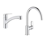 GROHE QUICKFIX Start Robinet de Cuisine évier, Douchette extractible, Inverseur 2 jets, Rotation 90° & Mitigeur Monocommande Evier Bec C Bauloop 31368001 (Import Allemagne) Chromé