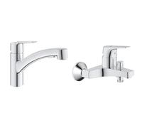 GROHE QUICKFIX Start Robinet de Cuisine évier, Douchette extractible, Inverseur 2 jets, Rotation 90° & Mitigeur monocommande Bain Douche Start Flow, robinet à montage mural, raccord fileté
