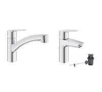 GROHE QUICKFIX Start Robinet de Cuisine évier, Douchette extractible, Inverseur 2 jets, Rotation 90° & QUICKFIX Start Robinet de salle de bains lavabo, mousseur économie d'eau