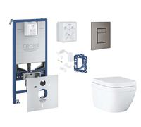 Grohe Rapid SLX - Set bâti-support, cuvette, abattant SoftClose et plaque de déclenchement Skate Cosmopolitan et kit pour insertion de tablette, Hard Graphite Brossé SANI11BB5128
