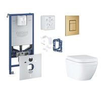Grohe Rapid SLX - Set bâti-support, cuvette, abattant SoftClose et plaque de déclenchement Skate Cosmopolitan et kit pour insertion de tablette, Triple Vortex, Cool Sunrise Brossé SANI11BB4144