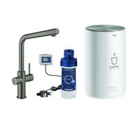 Grohe Red Duo Set robinetterie monocommande pour évier, portée 221mm, bec en L, avec chauffe-eau GROHE Red taille M, 30327AL1, Couleur: graphite dur brossé