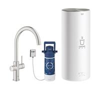 Grohe Red Duo Set robinetterie monocommande pour évier, portée 224mm, bec C, avec chauffe-eau GROHE Red taille L, 30079DC1, Couleur: acier super