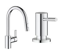 GROHE Robinet de cuisine évier Feel, douchette extractible, rotation 360°, bec en U, inverseur 2 jets, robinet mitigeur cuisine, chromé & 40535000 Distributeur de Savon Cosmopolitan, Chromé