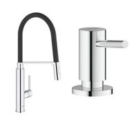 GROHE Robinet de cuisine évier Feel, Robinet avec douchette extractible, Bec en forme de U & Distributeur de savon encastrable, distributeur savon cuisine, distributeur savon liquide