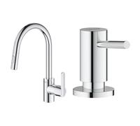 GROHE Robinet de cuisine évier Get, Robinet avec douchette extractible, Bec en forme & Distributeur de savon encastrable, distributeur savon cuisine, distributeur savon liquide capacité de 500ml
