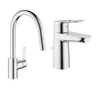 GROHE Robinet de cuisine évier Get, Robinet avec douchette extractible, Bec en forme & Mitigeur Lavabo Bauloop 23335000 (Import Allemagne), Chromé, Ancienne version